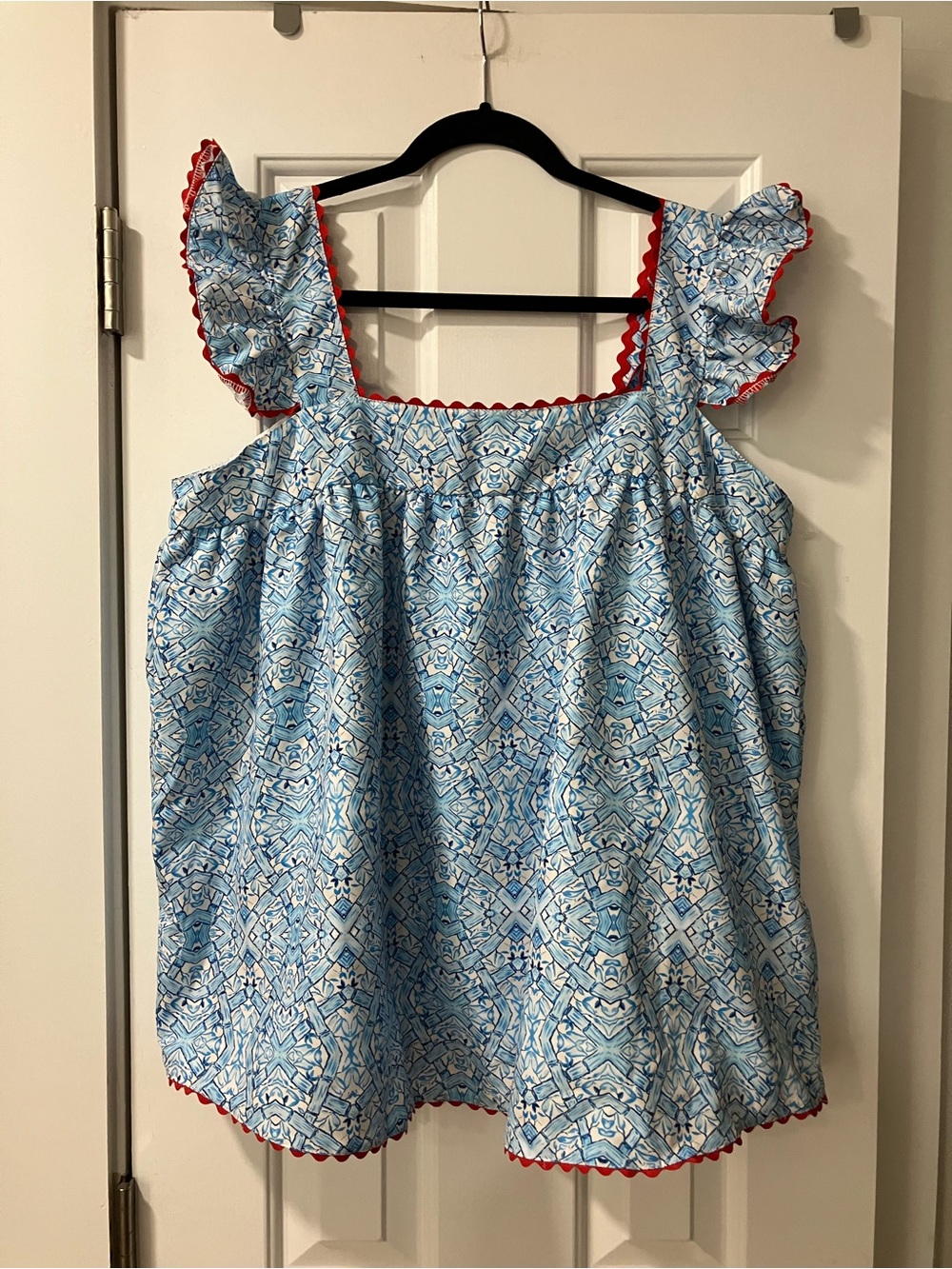 Blue Patterned Ruffle-Sleeve Tunic with Red Trim